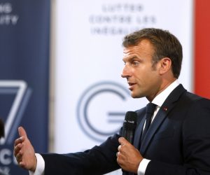 epa07788301 French President Emmanuel Macron delivers a speech on environment and social equality to business leaders in Paris, France, 23 August 2019, on the eve of the G7 summit. The G7 Summit runs from 24 to 26 August in Biarritz.  EPA/MICHEL SPINGLER / POOL MAXPPP OUT
