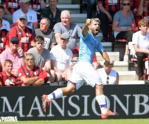 epa07792888 Manchester City's Sergio Aguero celebrates after scoring the opening goal during the English Premier League soccer match between AFC Bournemouth and Manchester City in Bournemouth, Britain, 25 August 2019.  EPA/GERRY PENNY EDITORIAL USE ONLY. No use with unauthorized audio, video, data, fixture lists, club/league logos or 'live' services. Online in-match use limited to 120 images, no video emulation. No use in betting, games or single club/league/player publications