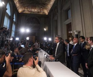 epa07797751 Gruppo Misto (Mixed Group) members of the Chamber of Deputies, arrives to address the media after a meeting with Italian President Sergio Mattarella at the Quirinale Palace for the second round of formal political consultations following the resignation of Prime Minister Giuseppe Conte, in Rome, Italy, 27 August 2019.  EPA/ANGELO CARCONI