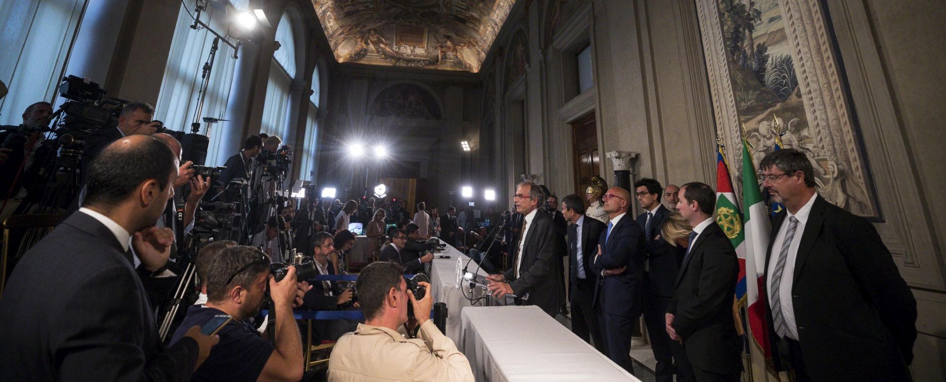 epa07797751 Gruppo Misto (Mixed Group) members of the Chamber of Deputies, arrives to address the media after a meeting with Italian President Sergio Mattarella at the Quirinale Palace for the second round of formal political consultations following the resignation of Prime Minister Giuseppe Conte, in Rome, Italy, 27 August 2019.  EPA/ANGELO CARCONI