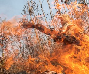 epa07799816 A fireman work to extinguish a fire at a forest near Porto Velho, Brazil, 28 August 2019. Brazil Amazon region suffer the worst fires of the last years. The government of Brazil has deployed some 40 thousand military personnel in the Amazon region.  EPA/Joedson Alves
