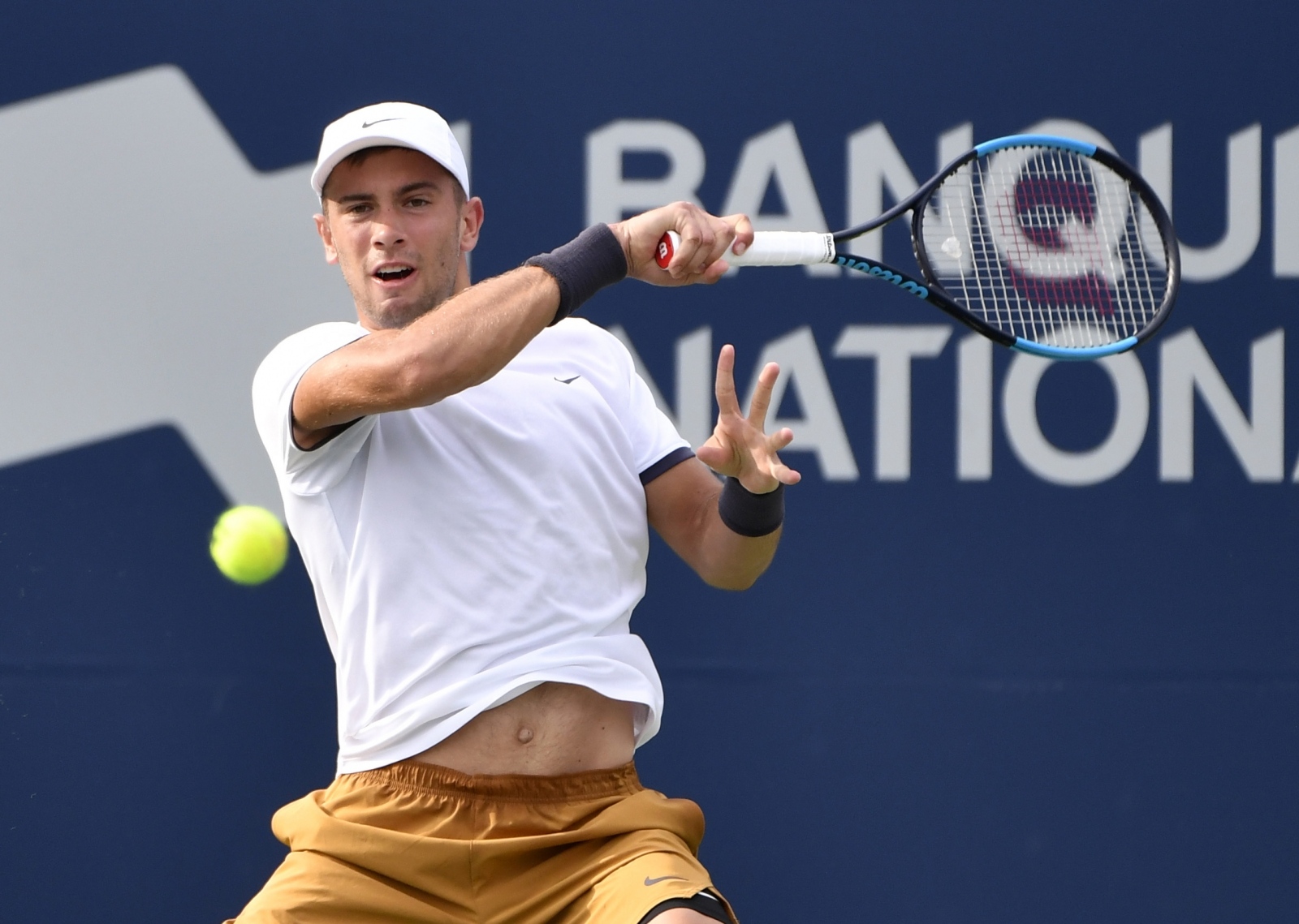 Tennis: Rogers Cup Aug 6, 2019; Montreal, Quebec, Canada; Borna Coric of Croatia hits a shot against Peter Gojowczyk of Germany (not pictured) during the Rogers Cup tennis tournament at Stade IGA. Mandatory Credit: Eric Bolte-USA TODAY Sports Eric Bolte
