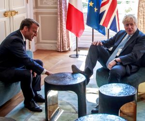 British Prime Minister Boris Johnson visit in Paris French President Emmanuel Macron and British Prime Minister Boris Johnson speak during a meeting at the Elysee Palace in Paris, France, August 22, 2019. Christophe Petit Tesson/Pool via REUTERS POOL New
