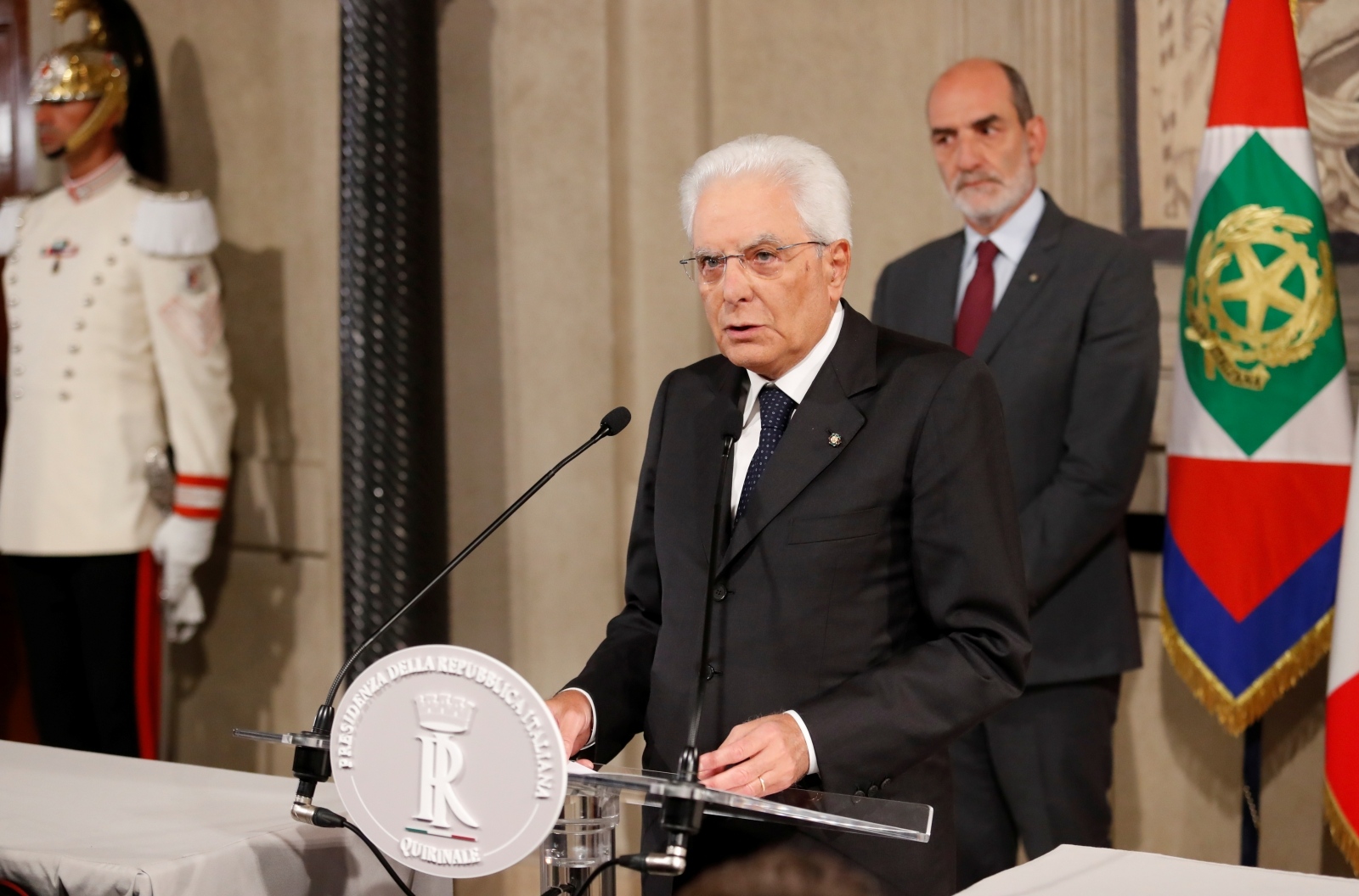 Italian President Sergio Mattarella holds consultations on political crisis in Rome Italian President Sergio Mattarella speaks to the media following a day of consultations at the Presidential Palace in Rome, Italy, August 22, 2019. REUTERS/Remo Casilli REMO CASILLI