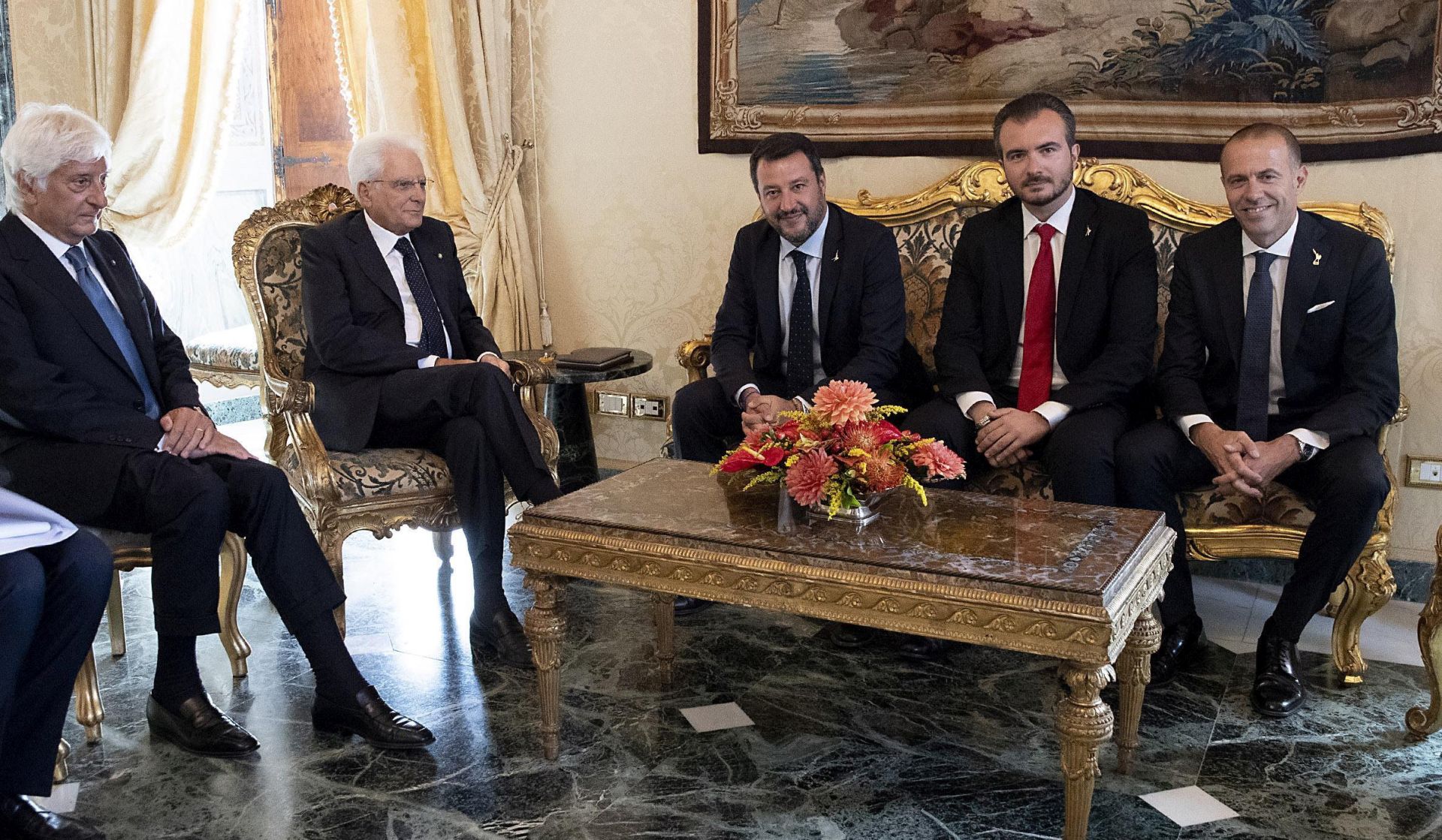 epa07785924 (2-L), meets the deputy premier and leader of League party, Matteo Salvini (C), and his party members Massimiliano Romeo (R) and Riccardo Molinari (2-R) in the Quirinale Palace during the formal political consultations following the resignation of Prime Minister Giuseppe Conte, in Rome, Italy, 22 August 2019.  EPA/Paolo Giandotti HANDOUT  HANDOUT EDITORIAL USE ONLY/NO SALES
