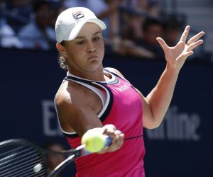 epa07795684 Ashley Barty of Australia hits a return to Zarina Diyas of Kazakhstan during their match on the first day of the US Open Tennis Championships the USTA National Tennis Center in Flushing Meadows, New York, USA, 26 August 2019. The US Open runs from 26 August through 08 September.  EPA/JOHN G. MABANGLO
