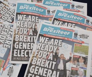 epa07797132 Copies of the Brexiteer newspaper ahead of the Brexit Party leader Nigel Farage's speech in Westminster, London, Britain, 27 August 2019. Nigel Farage was speaking to party members and delegates during the party's presentation of prospective parliamentary candidates.  EPA/FACUNDO ARRIZABALAGA .