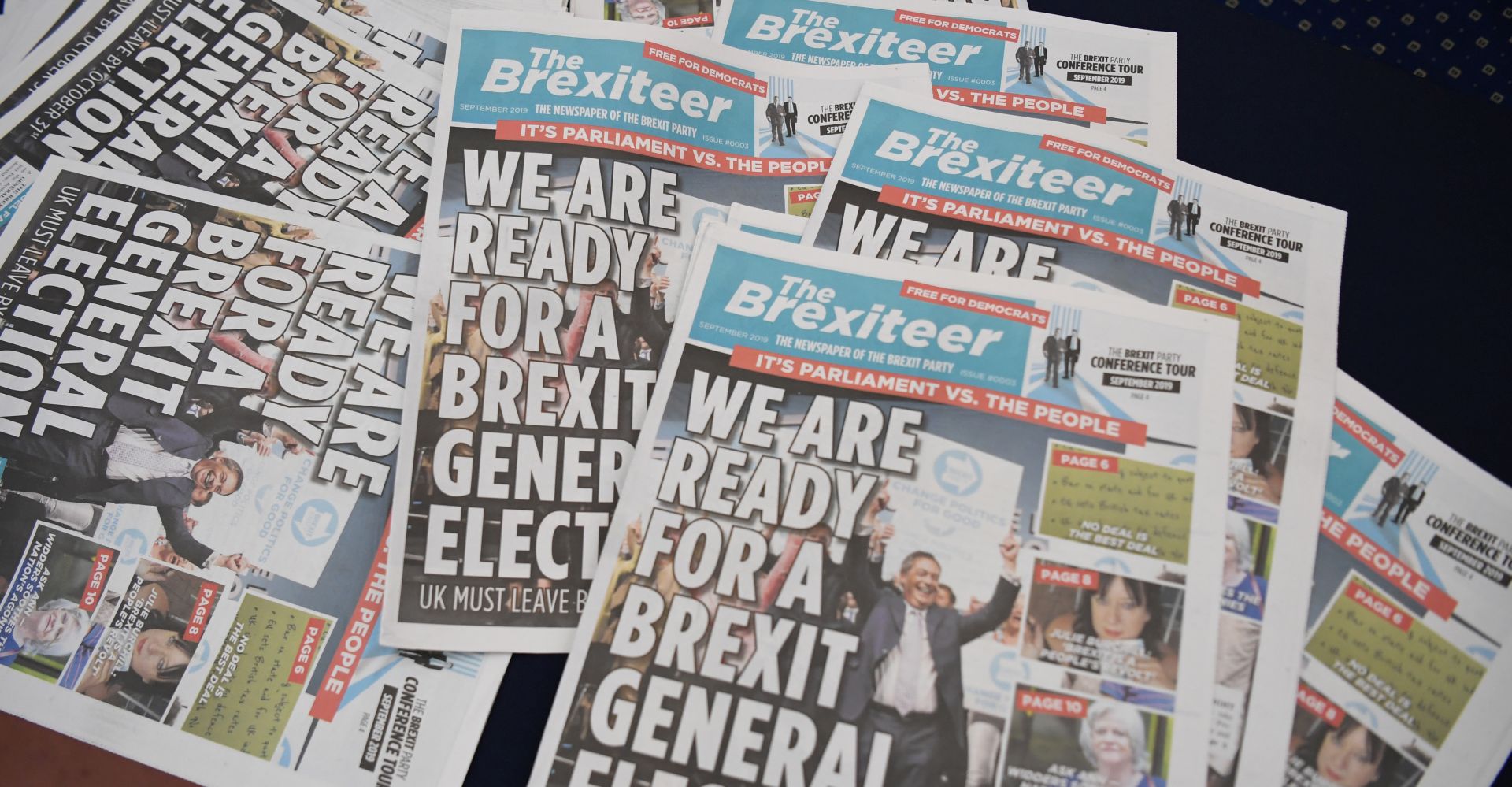 epa07797132 Copies of the Brexiteer newspaper ahead of the Brexit Party leader Nigel Farage's speech in Westminster, London, Britain, 27 August 2019. Nigel Farage was speaking to party members and delegates during the party's presentation of prospective parliamentary candidates.  EPA/FACUNDO ARRIZABALAGA .