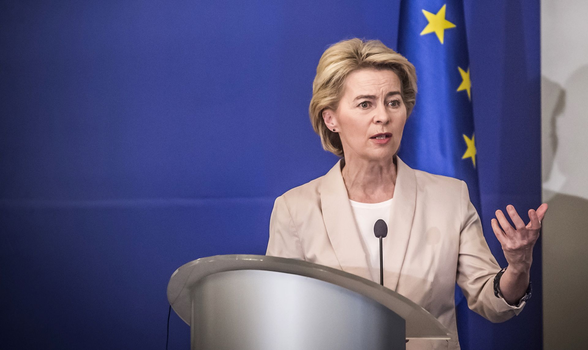epa07801006 President-elect of the European Commission Ursula von der Leyen speaks during an official visit in Sofia, Bulgaria, 29 August 2019. President of the European Commission Ursula von der Leyen arrived for an official visit to Sofia.  EPA/Borislav Troshev