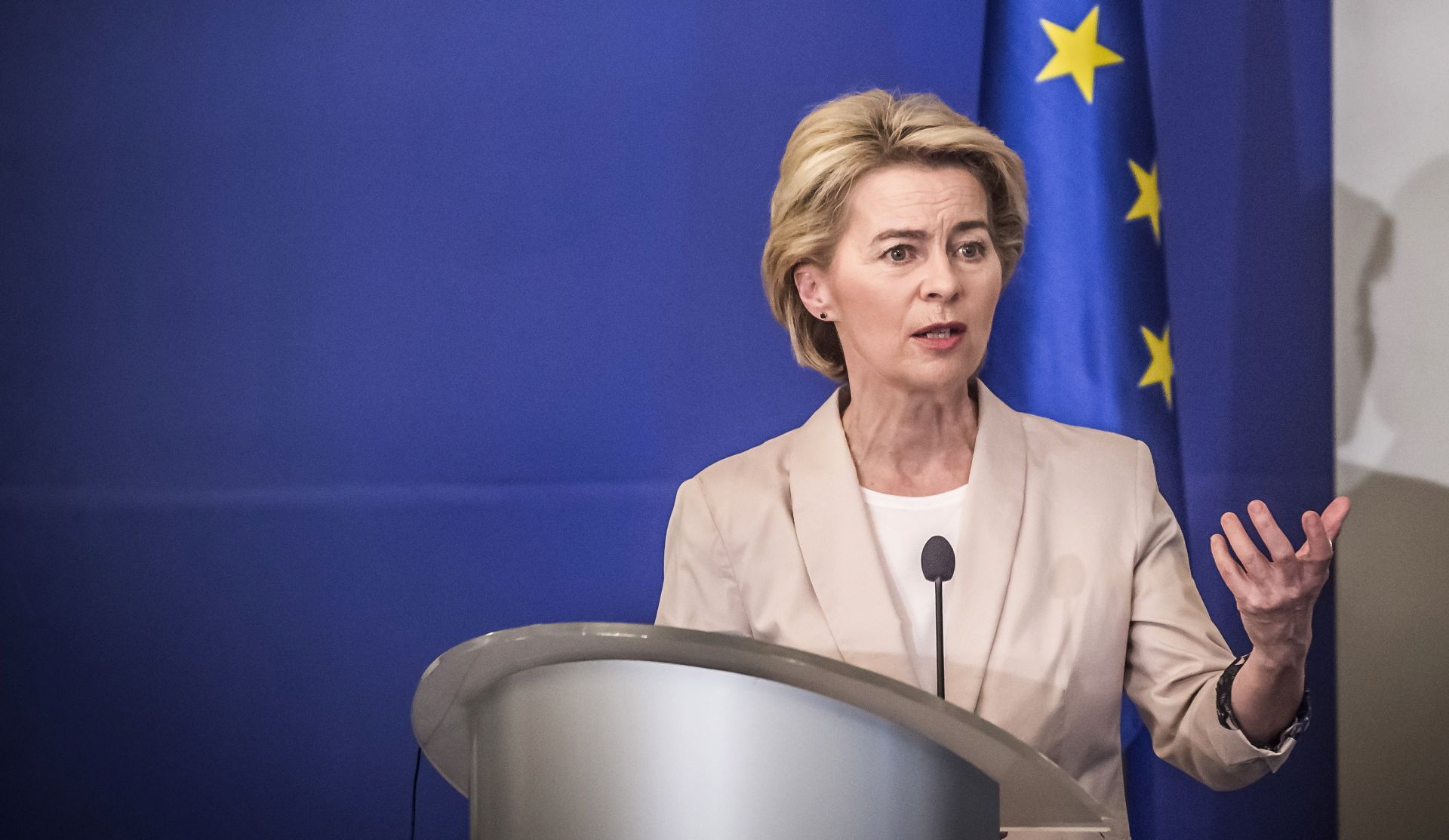 epa07801006 President-elect of the European Commission Ursula von der Leyen speaks during an official visit in Sofia, Bulgaria, 29 August 2019. President of the European Commission Ursula von der Leyen arrived for an official visit to Sofia.  EPA/Borislav Troshev