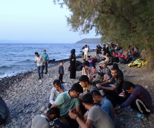 epa07803513 Migrants, who arrived on 13 boats, at Skala Sikamias, Lesvos Island, Greece, 29 August 2019 (issued 30 August 2019). A total of 547 people landed on the island, including 177 men, 124 women and 246 children. Of these, 193 were transferred to the Moria Reception and Identification Center and the rest remained at the UNHCR camp in Sykamia, the so-called 'stage 2' camp, with the prospect of being transferred to Moria for registration on 30 August. According to reports, two Coast Guard vessels are operating in the area.  EPA/STRATIS BALASKAS