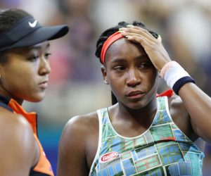 epa07808929 Naomi Osaka of Japan (L) consoles Coco Gauff of the US after their match on the sixth day of the US Open Tennis Championships the USTA National Tennis Center in Flushing Meadows, New York, USA, 31 August 2019. The US Open runs from 26 August through 08 September.  EPA/DANIEL MURPHY