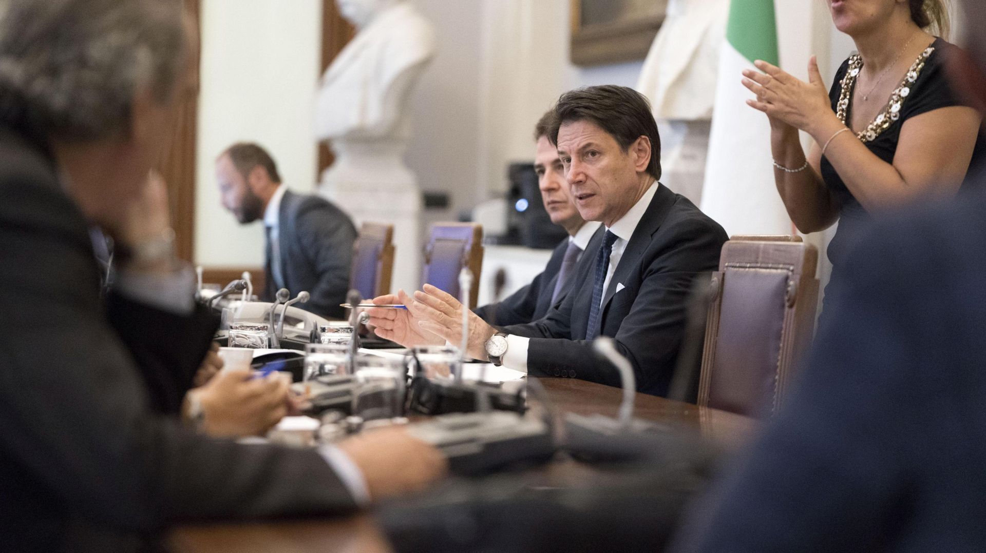epa07812257 A handout photo made available by Chigi Palace shows Italian designated Prime Minister Giuseppe Conte (C) meeting a delegation of the associations for physically challenged people in Rome, Italy, 02 September 2019. Conte, who received on 29 August from Italian President Mattarella a mandate to form a new government, is carrying out government-formation consultations at the Lower House.  EPA/FILIPPO ATTILI/CHIGI PALACE HANDOUT  HANDOUT EDITORIAL USE ONLY/NO SALES