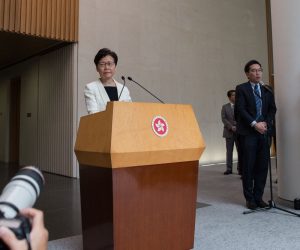 epa07813937 Hong Kong Chief Executive Carrie Lam (C) attends a press conference at the government offices in Hong Kong, China, 03 September 2019. According to reports Lam has told a group of business leaders that she's sorry for the 'unforgivable havoc' caused by her attempts to pass the extradition bill, while admitting she had limited scope to resolve the crisis as Sino-US tensions increase. Hong Kong has been gripped by mass protests since June over a now-suspended extradition bill that have morphed into a wider anti-government movement.  EPA/JEROME FAVRE