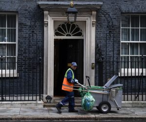 epa07816290 A street cleaner in Downing Street, central London, Britain, 04 September 2019. Members of Parliament will vote on a bill forcing Britain's Prime Minister Boris Johnson to delay Brexit unless MPs back a new deal or vote for a no-deal exit. The Prime Minister will table a motion to call for a general election if that bill passes  EPA/NEIL HALL