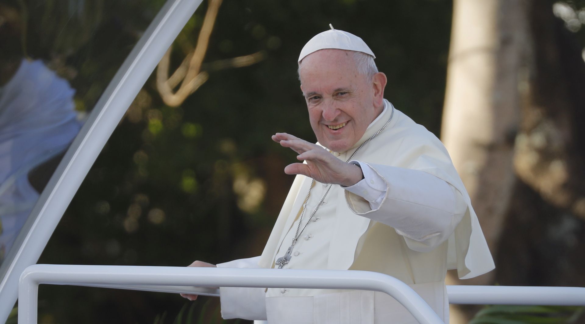 epa07830620 Pope Francis greets people as he departs from Le Sanctuaire du Pere Laval, or Pere Laval's Shrine in Port Louis, Mauritius, 09 September 2019. Tens of thousands of people welcomed Pope Francis in Mauritius in the final leg of his three-nation Africa tour which has taken in Mozambique, Madagascar and Mauritius.  EPA/DAI KUROKAWA