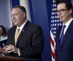 epa07833178 US Secretary of Treasury Steven Mnuchin (R), with US Secretary of State Mike Pompeo (L), respond to a question from the news media during a press conference in the Brady Press Briefing Room of the White House in Washington, DC, USA, 10 September 2019. National Security Advisor John Bolton was scheduled to participate until President Trump Tweeted earlier in the day that Bolton's services were no longer needed.  EPA/SHAWN THEW