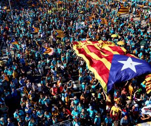 epa07835658 People gather in Plaza de Espana, in Barcelona, Spain, 11 September 2019, on the occasion of the National Day of Catalonia. Pro-independence parties and formations have called for numerous protests in all the region to mark the National Day or 'Diada'.  EPA/Alejandro Garcia