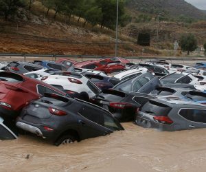 epa07837648 Cars submerged in water after the strong rain know as the 'gota fria' (cold drop) that hit Orihuela, Alicante, eastern Spain, 12 September 2019. The 'gota fria' phenomenon is affecting the Mediterranean coast with strong winds and rainfalls of 100 liters per square meter affecting especially Valencia and Murcia. Murcia's regional Government ordered the closure of schools in the region.  EPA/MORELL