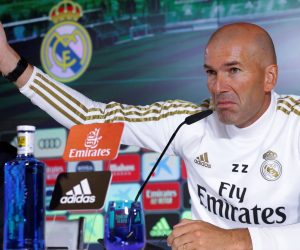 epa07839072 Head coach of Real Madrid, Zinedine Zidane, holds a press conference prior to a training session at the club's Valdebebas spors facility in Madrid, Spain, 13 September 2019. Real Madrid will face Levante UD in a Spanish LaLiga soccer match on 14 September.  EPA/Chema Moya