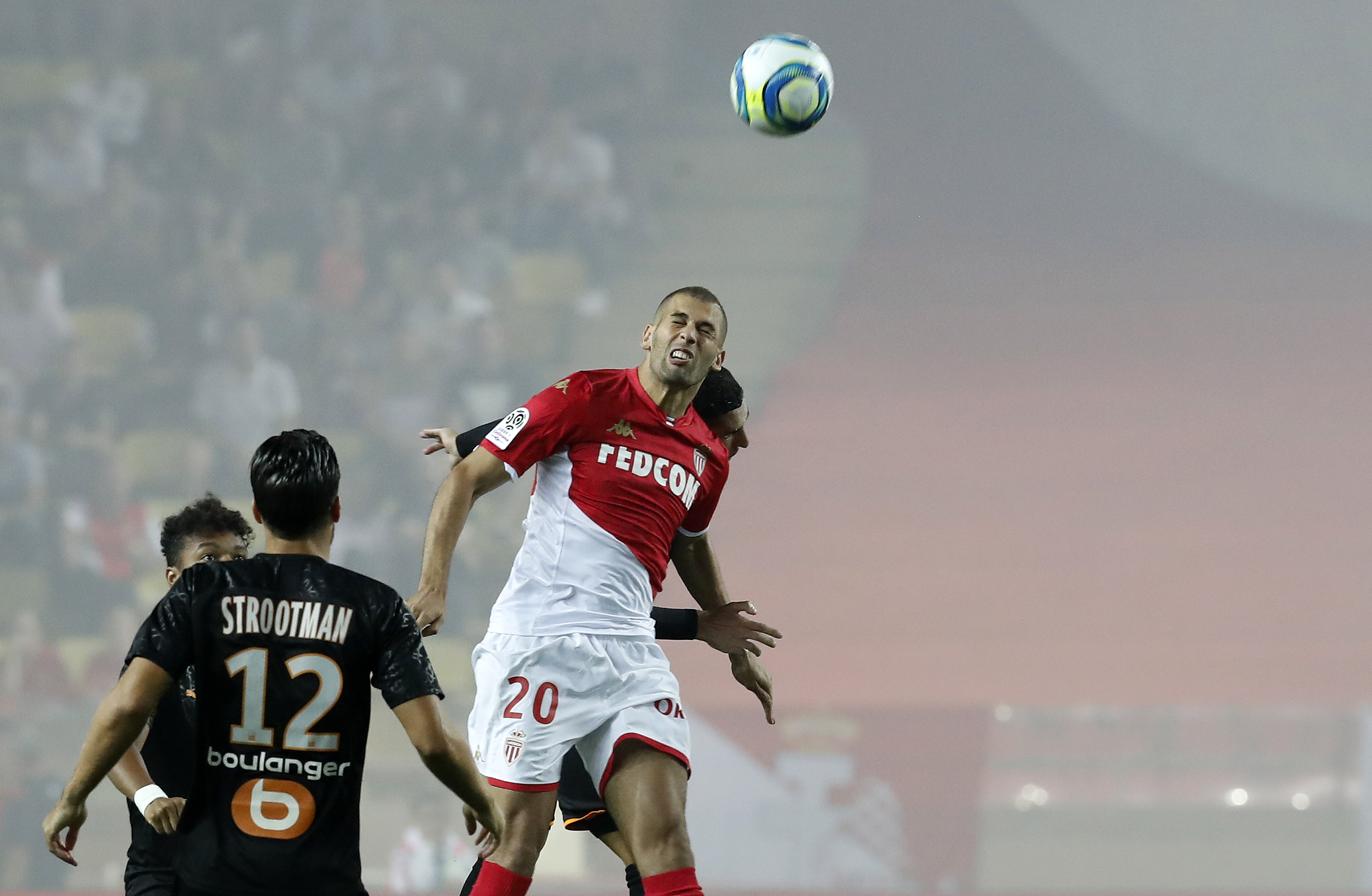 epa07845467 Islam Slimani of AS Monaco in action during the French Ligue 1 soccer match, AS Monaco vs Olympique Marseille, at Stade Louis II, in Monaco, 15 September 2019.  EPA/SEBASTIEN NOGIER