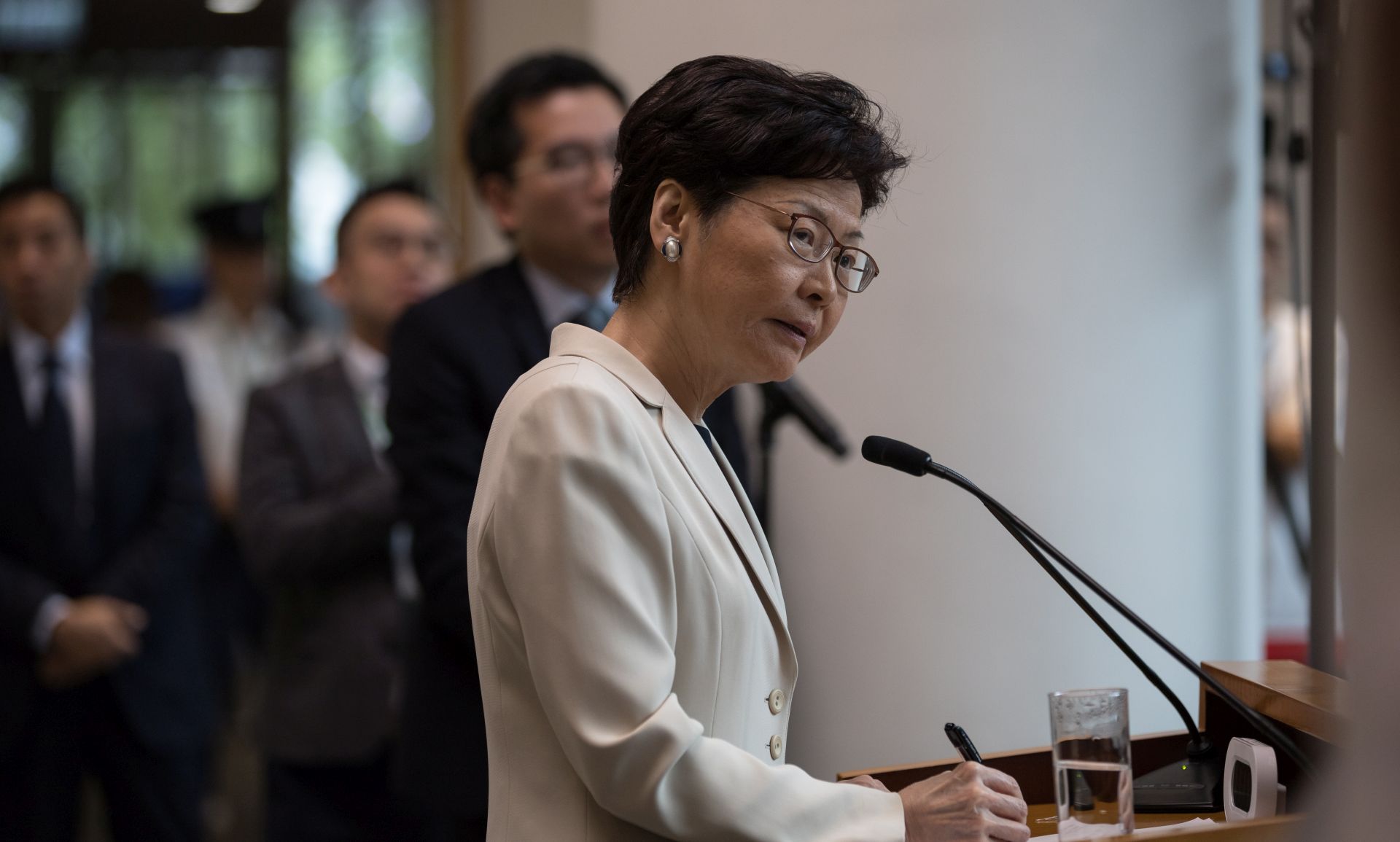 epa07847722 Hong Kong Chief Executive Carrie Lam speaks during a press conference at the Central Government Offices in Hong Kong, China, 17 September 2019. A new Policy Innovation and Coordination Office reporting directly to Lam was launched on 16 September to solve the protest crisis that has been engulfing Hong Kong for three months.  EPA/JEROME FAVRE