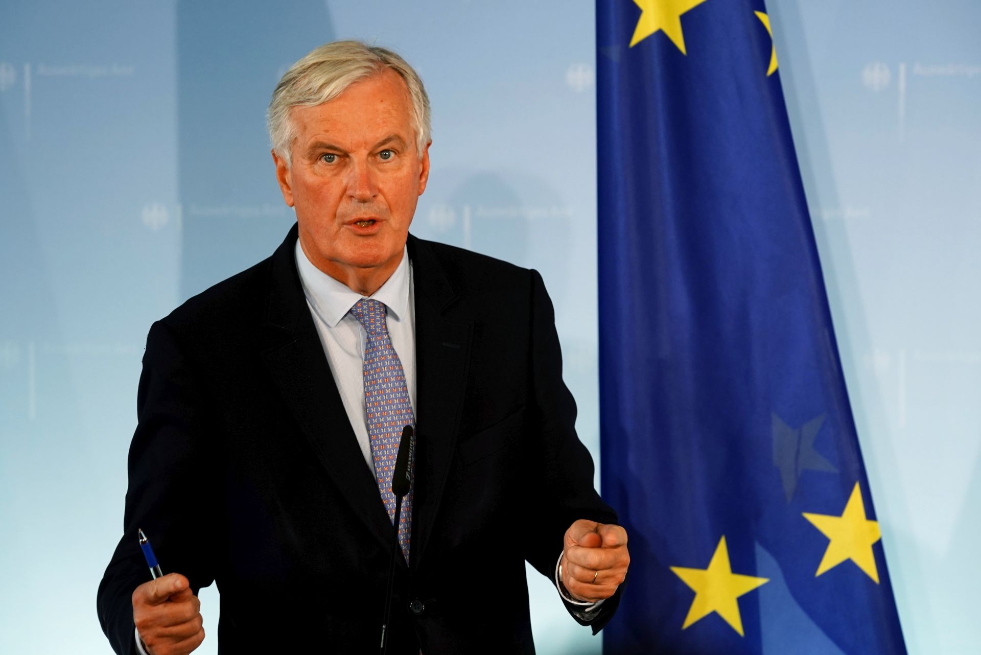 epa07863937 European Union's chief Brexit negotiator Michel Barnier speaks during a press conference after a meeting with German Foreign Minister Heiko Maas (not seen) in Berlin, Germany, 23 September 2019.  EPA/ALEXANDER BECHER