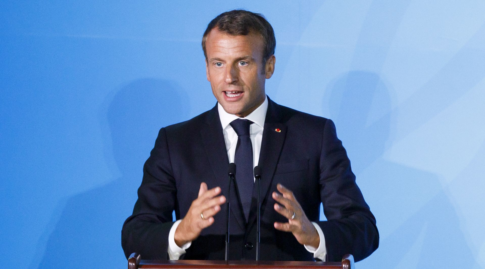 epa07864361 President of France Emmanuel Macron speaks during the 2019 Climate Action Summit which is being held ahead of the General Debate of the General Assembly of the United Nations at United Nations Headquarters in New York, New York, USA, 23 September 2019. World Leaders have been invited to speak at the event, which was organized by the United Nations Secretary-General Antonio Guterres, for the purpose of proposing plans for addressing global climate change. The General Debate of the 74th session of the UN General Assembly begins on 24 September.  EPA/JUSTIN LANE