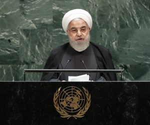 epa07868715 President of the Iran Hassan Rouhani speaks to the general debate of the 74th session of the General Assembly of the United Nations at United Nations Headquarters in New York, New York, USA, 25 September 2019. The annual meeting of world leaders at the United Nations runs until 30 September 2019.  EPA/JASON SZENES