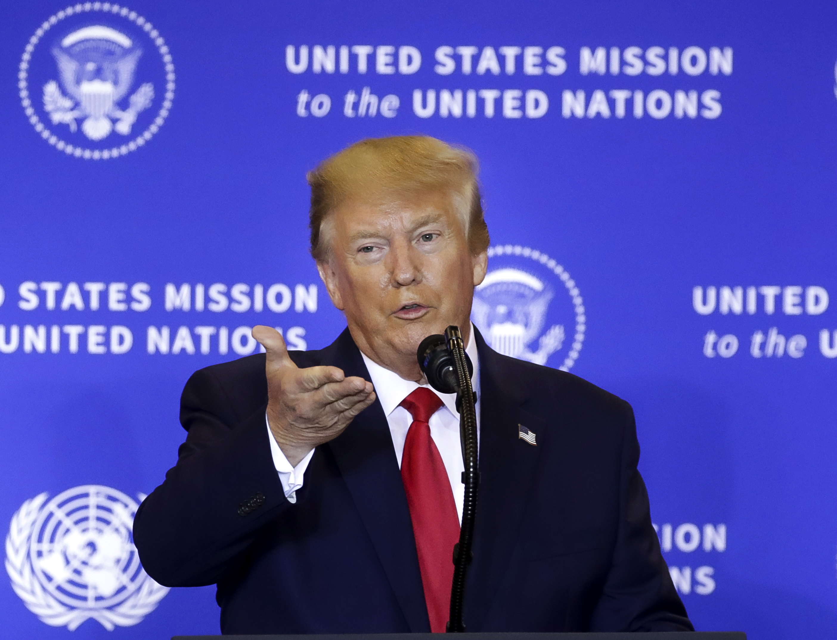 epa07869584 US President Donald J. Trump speaks during a press conference being held on the sidelines of the opening of the 74th session of the United Nations General Assembly in New York, New York, USA, 25 September 2019. Democrats in the United States Congress announced they are beginning a formal impeachment inquiry as a result of a President Trump's actions on a phone call with the president of Ukraine.  EPA/JASON SZENES