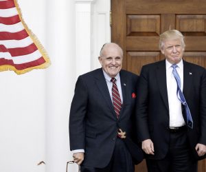 epa07872760 (FILE) - Former New York City Mayor Rudy Giuliani (L) poses with US President Donald J. Trump at the clubhouse of Trump International Golf Club, in Bedminster Township, New Jersey, USA, 20 November 2016 (reissued 27 September 2019). An impeachment inquiry against US President Donald J. Trump has been initiated following a whistleblower complaint over his dealings with Ukraine. The whistleblower alleges that Trump had demanded Ukrainian investigations into US Presidential candidate Joe Biden and his son Hunter Biden's business involvement in Ukraine, with Giuliani being a 'central figure in this effort'.  EPA/PETER FOLEY