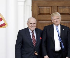 epa07872760 (FILE) - Former New York City Mayor Rudy Giuliani (L) poses with US President Donald J. Trump at the clubhouse of Trump International Golf Club, in Bedminster Township, New Jersey, USA, 20 November 2016 (reissued 27 September 2019). An impeachment inquiry against US President Donald J. Trump has been initiated following a whistleblower complaint over his dealings with Ukraine. The whistleblower alleges that Trump had demanded Ukrainian investigations into US Presidential candidate Joe Biden and his son Hunter Biden's business involvement in Ukraine, with Giuliani being a 'central figure in this effort'.  EPA/PETER FOLEY
