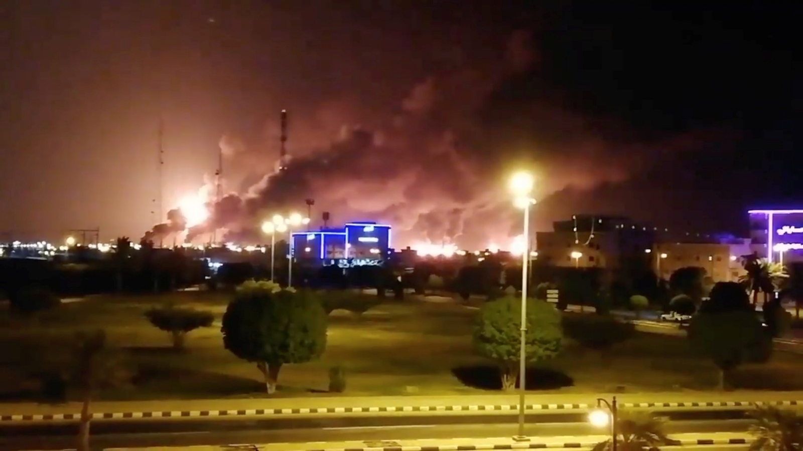 Smoke is seen following a fire at an Aramco factory in Abqaiq Smoke is seen following a fire at an Aramco factory in Abqaiq, Saudi Arabia, September 14, 2019 in this picture obtained from social media. VIDEOS OBTAINED BY REUTERS/via REUTERS ATTENTION EDITORS - THIS IMAGE HAS BEEN SUPPLIED BY A THIRD PARTY. MANDATORY CREDIT. NO RESALES. NO ARCHIVES. VIDEOS OBTAINED BY REUTERS
