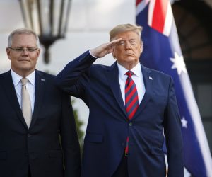 epa07856216 US President Donald J. Trump (R) welcomes Prime Minister of Australia Scott Morrison (L) to the South Lawn of the White House for a state arrival ceremony in Washington, DC, USA, 20 September 2019. The occasion marks the second state visit of Donald Trump's presidency.  EPA/SHAWN THEW