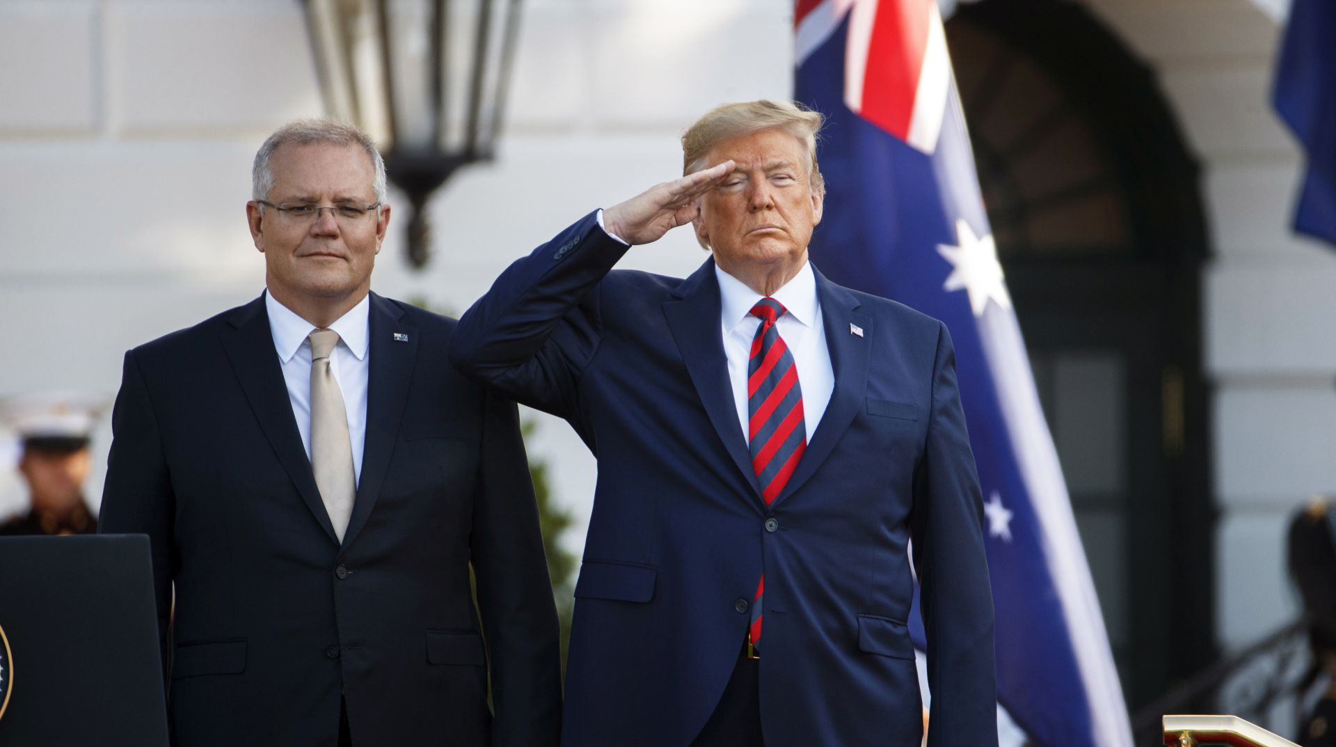 epa07856216 US President Donald J. Trump (R) welcomes Prime Minister of Australia Scott Morrison (L) to the South Lawn of the White House for a state arrival ceremony in Washington, DC, USA, 20 September 2019. The occasion marks the second state visit of Donald Trump's presidency.  EPA/SHAWN THEW