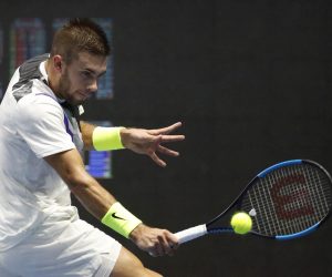epa07858969 Borna Coric of Croatia in action against Joao Sousa of Portugal during their semi final match of the St.Petersburg Open ATP tennis tournament in St.Petersburg, Russia, 21 September 2019.  EPA/ANATOLY MALTSEV