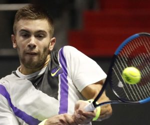 epa07858966 Borna Coric of Croatia in action against Joao Sousa of Portugal during their semi final match of the St.Petersburg Open ATP tennis tournament in St.Petersburg, Russia, 21 September 2019.  EPA/ANATOLY MALTSEV