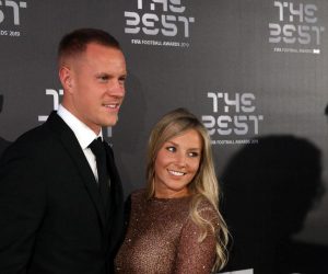epa07866155 Picture made available 24 September 2019 of German goalkeeper Marc-Andre ter Stegen (L) and his wife Daniele Jehle arriving for the Best FIFA Football Awards 2019 in Milan, Italy, 23 September 2019.  EPA/MATTEO BAZZI