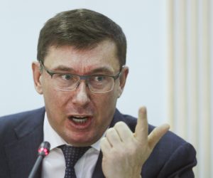 epa07872965 (FILE) - Yuriy Lutsenko, then Prosecutor General of Ukraine reacts during a joint briefing at the Central Election Committee office in Kiev, Ukraine, 12 March 2019 (reissued 27 September 2019). Meetings between Lutsenko and US President Trump's lawyer Rudy Giuliani are mentioned in a whistleblower's complaint over Trump's dealings with Ukraine. The whistleblower alleges that Trump had demanded Ukrainian investigations into US Presidential candidate Joe Biden and his son Hunter Biden's business involvement in Ukraine. *** Local Caption *** 55048052  EPA/SERGEY DOLZHENKO *** Local Caption *** 55048052