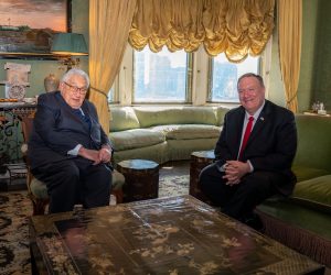 epa07875848 A handout photo made available by the US Department of State (DOS) shows US Secretary of State Mike Pompeo (R) meeting with former Secretary of State Dr. Henry Kissinger in New York City, New York, USA, 27 September 2019 (issued 28 September 2019).  EPA/RON PRZYSUCHA/US DEPARTMENT OF STATE HANDOUT  HANDOUT EDITORIAL USE ONLY/NO SALES