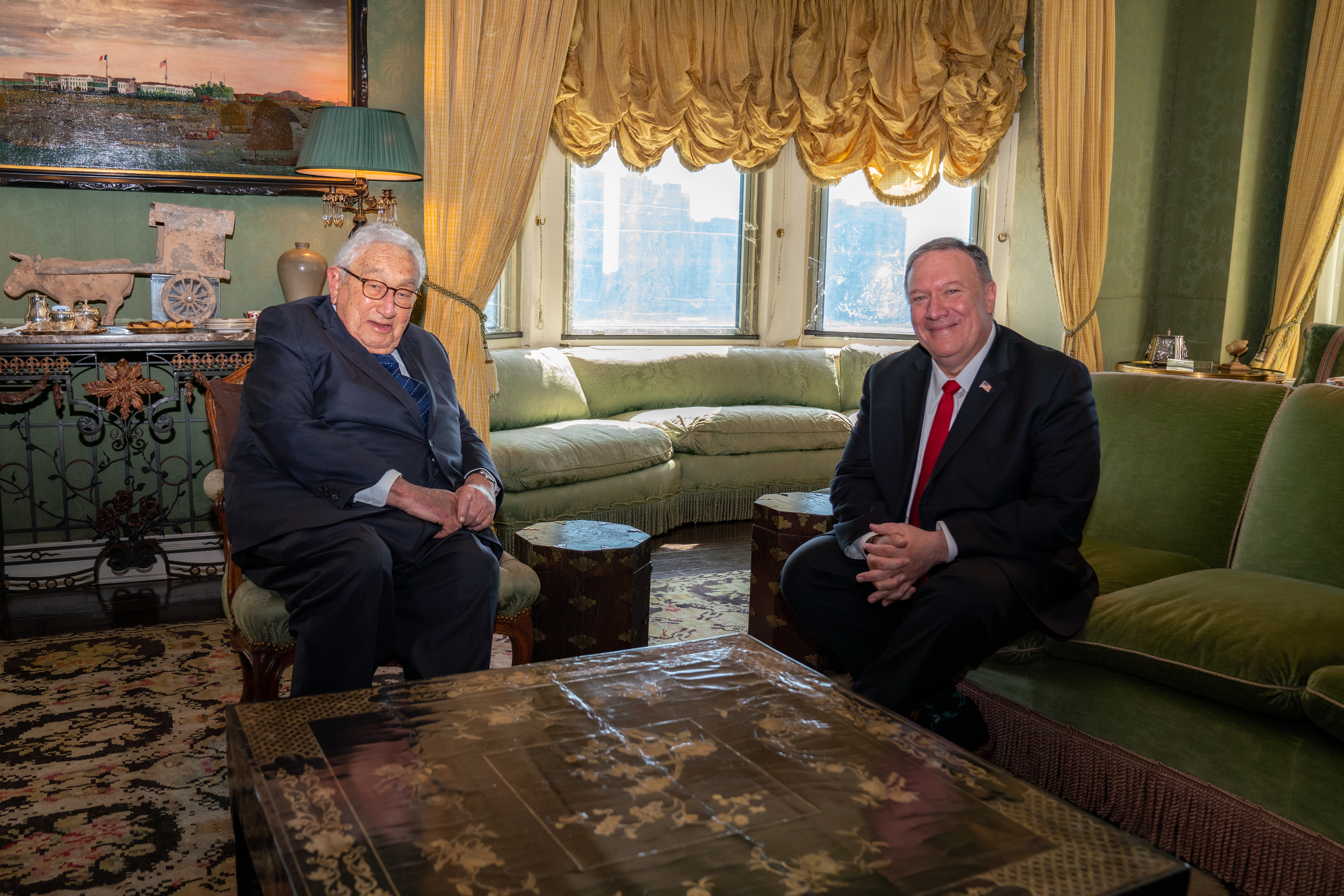 epa07875848 A handout photo made available by the US Department of State (DOS) shows US Secretary of State Mike Pompeo (R) meeting with former Secretary of State Dr. Henry Kissinger in New York City, New York, USA, 27 September 2019 (issued 28 September 2019).  EPA/RON PRZYSUCHA/US DEPARTMENT OF STATE HANDOUT  HANDOUT EDITORIAL USE ONLY/NO SALES