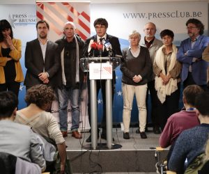 epa07886333 Ousted Catalan leader, Carles Puigdemont and members of Consell per la Republica Catalana give a press conference in Waterloo, Belgium, 01 October 2019. In Spain, several organizations called protests to mark the second anniversary of the unlawful 1 October (1-O) independence referendum held in Catalonia in 2017.  EPA/OLIVIER HOSLET
