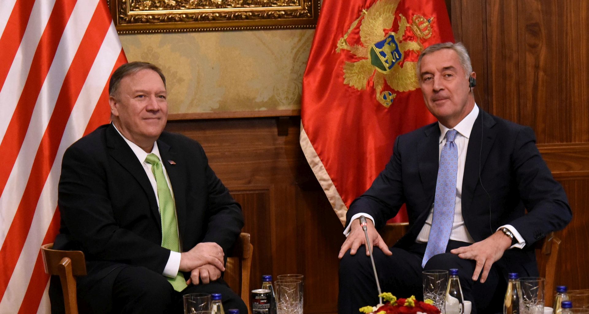 epa07894553 Montenegrian President Milo Djukanovic (R) and Secretary of State of the United States Mike Pompeo (L) talk during their meeting at Villa Gorica in Podgorica, Montenegro, 04 October 2019. Pompeo is on a tour of European countries from 01 to 06 October.  EPA/BORIS PEJOVIC
