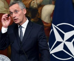 epa07907960 Nato Secretary General Jens Stoltenberg reacts during a joint press conference with Italian Prime Minister Giuseppe Conte (not pictured) after their meeting at Chigi Palace in Rome, Italy, 09 October 2019.  EPA/ETTORE FERRARI