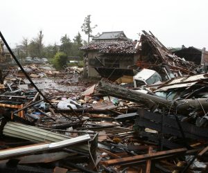epa07914688 A view of damaged houses after a tornado caused by Typhoon Hagibis hit Ichihara, Chiba Prefecture, east of Tokyo, 12 October 2019. Tyhoon Hagibis is expected to make landfall on the Pacific coast of central Japan through eastern Japan in the evening of 12 October 2019. The strongest typhoon of this season has forced to suspend many Japan railway services all over the country and cancelled about 1,600 domestic and international flights. Japan's Meteorological Agency issued evacuation order to more than 1,400,000 people, news reported.  EPA/JIJI PRESS JAPAN OUT EDITORIAL USE ONLY/  NO ARCHIVES