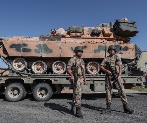 epa07914839 Turkish military vehicles carrying tanks as they are on the way to Northern Syria for a military operation in Kurdish areas, near the Syrian border, near Akcakale district in Sanliurfa, Turkey 12 October 2019. Turkey has launched an offensive targeting Kurdish forces in north-eastern Syria, days after the US withdrew troops from the area.  EPA/SEDAT SUNA