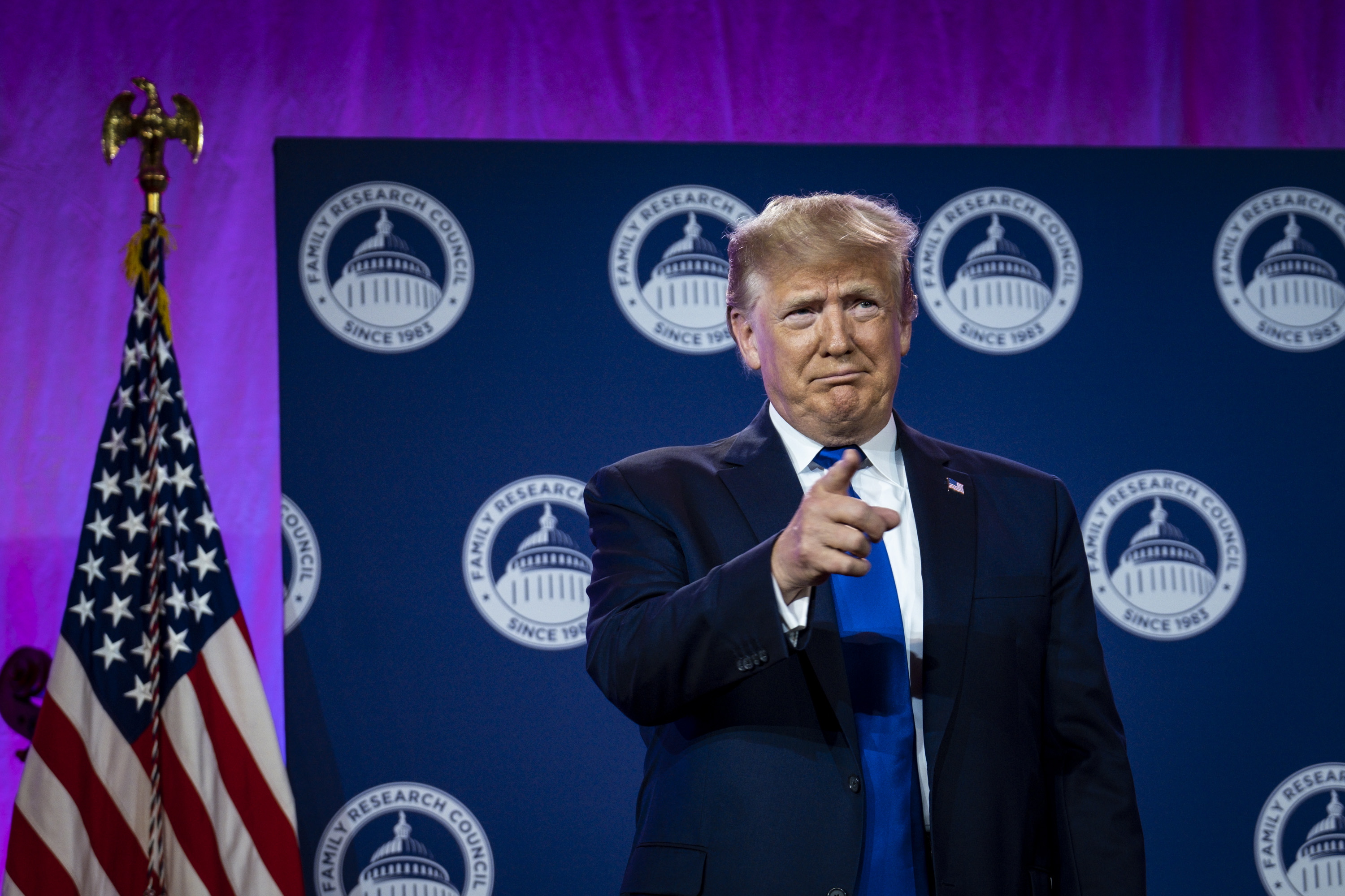 epa07916401 US President Donald J. Trump delivers remarks at Values Voter Summit at the Omni Shoreham Hotel in Washington, DC, USA, 12 October 2019. The appearance at the Summit comes as evangelical leaders this week criticized Trump's decision to stand down US forces in northern Syria.  EPA/PETE MAROVICH / POOL