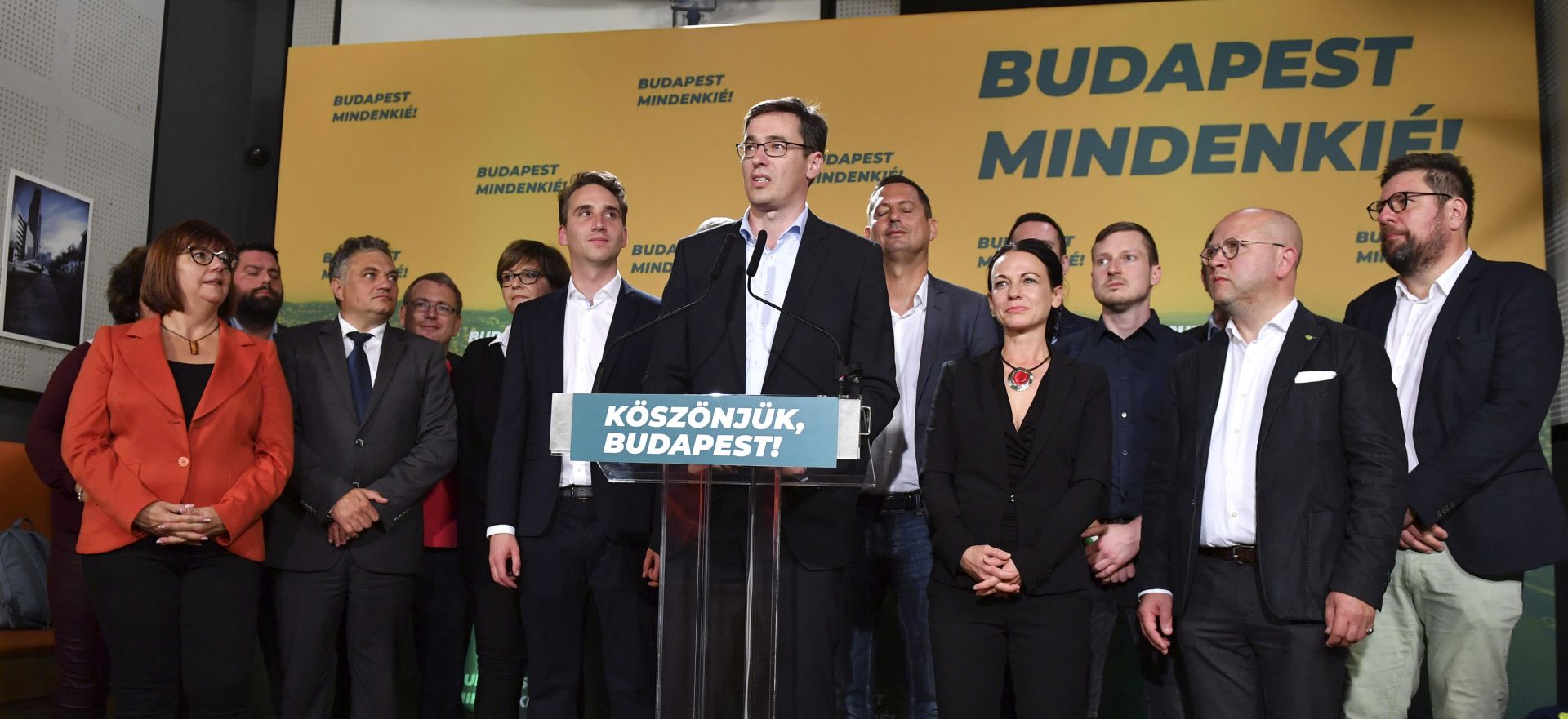 epa07919059 Newly elected Mayor of Budapest Gergely Karacsony (C), candidate of most of the oppositional parties speaks during the parties' event after the nationwide local elections in Budapest, Hungary, 13 October 2019.  EPA/Zoltan Balogh HUNGARY OUT
