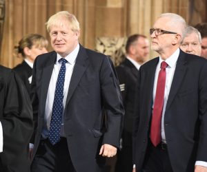 epa07921163 A handout photo made available by the UK Parliament shows British Prime Minister, Boris Johnson (L) and the Labour leader, Jeremy Corbyn (R) walking in the central lobby in the House of Commons in London, Britain, 14 October 2019.  EPA/JESSICA TAYLOR / UK PARLIAMENT HANDOUT MANDATORY CREDIT: UK PARLIAMENT / JESSICA TAYLOR

 HANDOUT EDITORIAL USE ONLY/NO SALES HANDOUT EDITORIAL USE ONLY/NO SALES HANDOUT EDITORIAL USE ONLY/NO SALES HANDOUT EDITORIAL USE ONLY/NO SALES