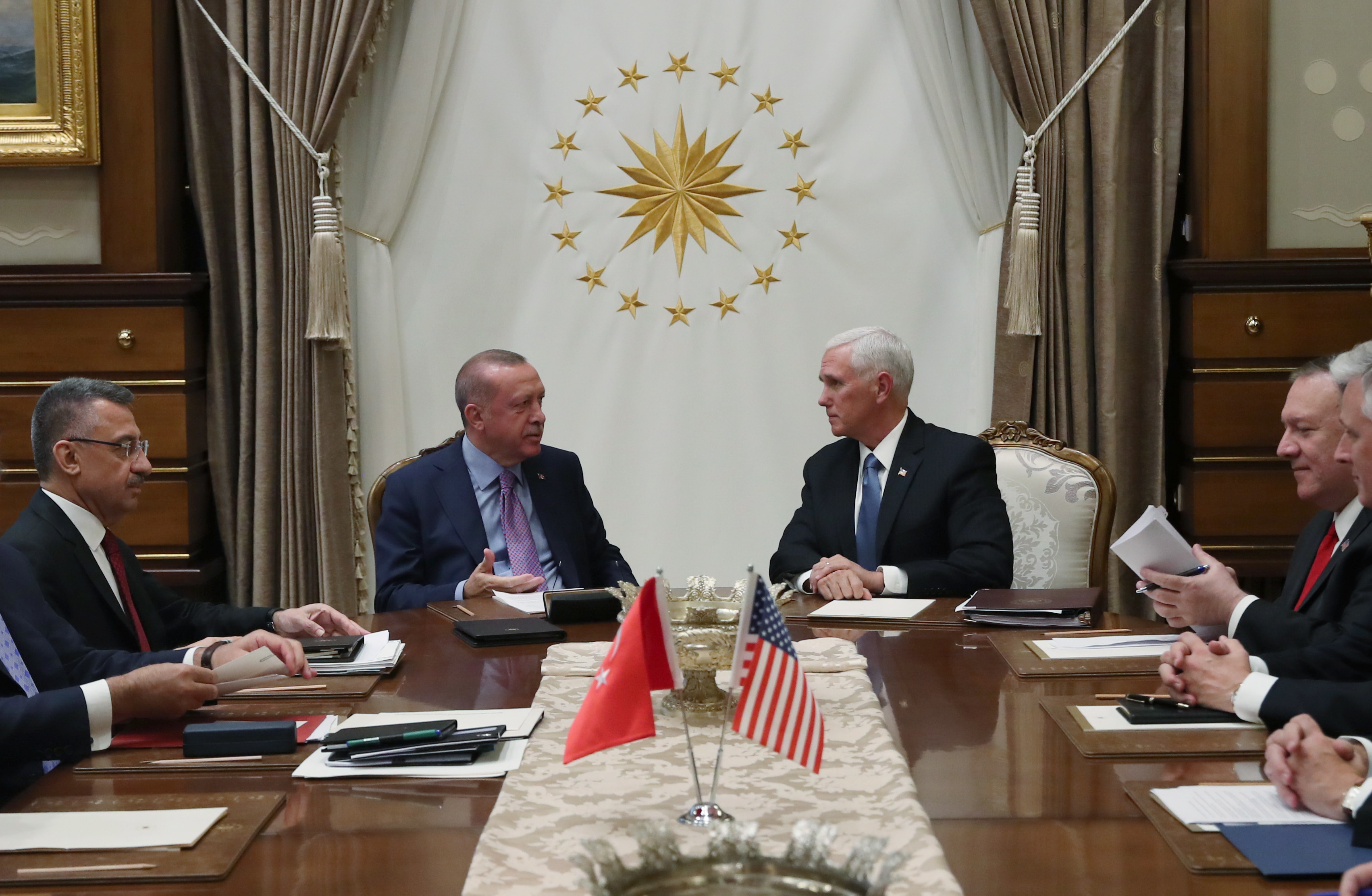 epa07927880 A handout picture provided by Turkish Presidential press office shows Turkish President Recep Tayyip Erdogan (C-L) and US Vice President Mike Pence (C-R) meet in Ankara, Turkey 17 October 2019. Pence is in Turkey for talks on Turkish military operation on Northern Syria against Kurdish fighters. Turkey has launched an offensive targeting Kurdish forces in north-eastern Syria, days after the US withdrew troops from the area.  EPA/PRESIDENTIAL PRESS OFFICE HANDOUT  HANDOUT EDITORIAL USE ONLY/NO SALES HANDOUT EDITORIAL USE ONLY/NO SALES